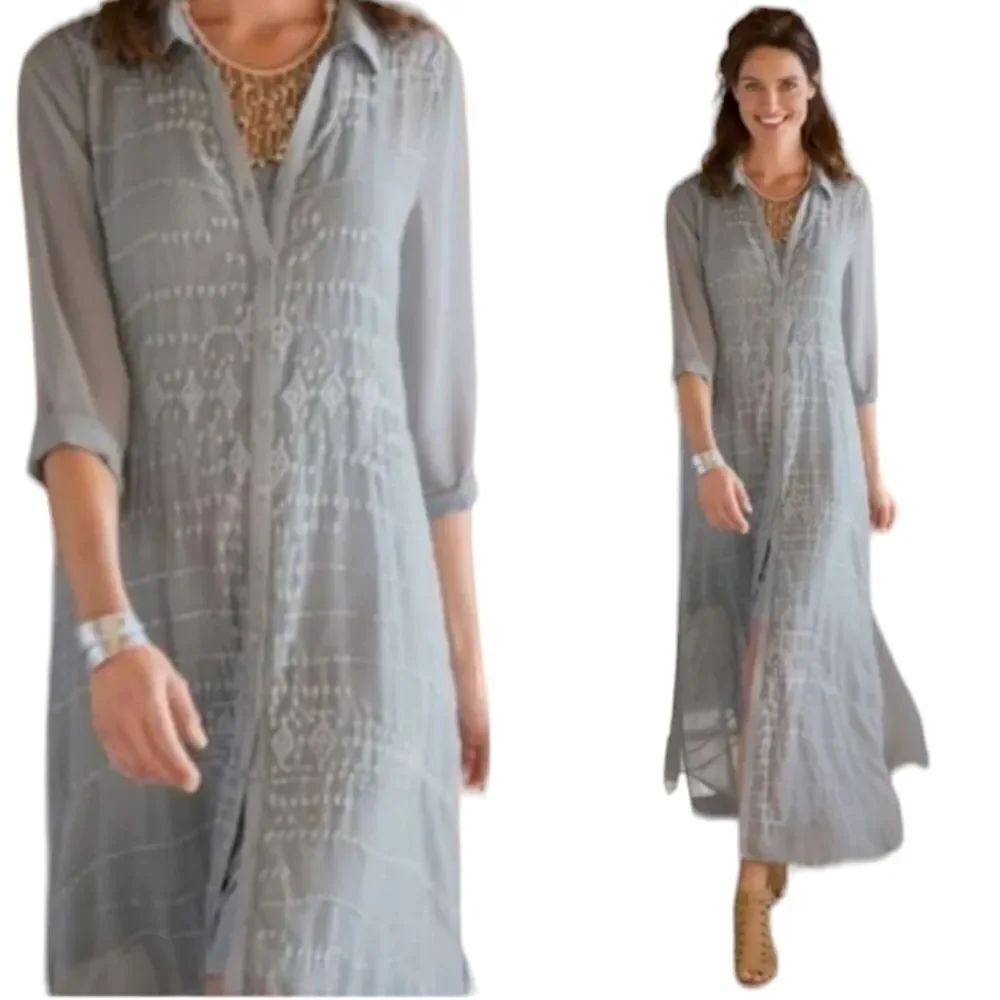 Soft Surroundings Dress Ibiza Georgette Embroidered Maxi Shirt XXS